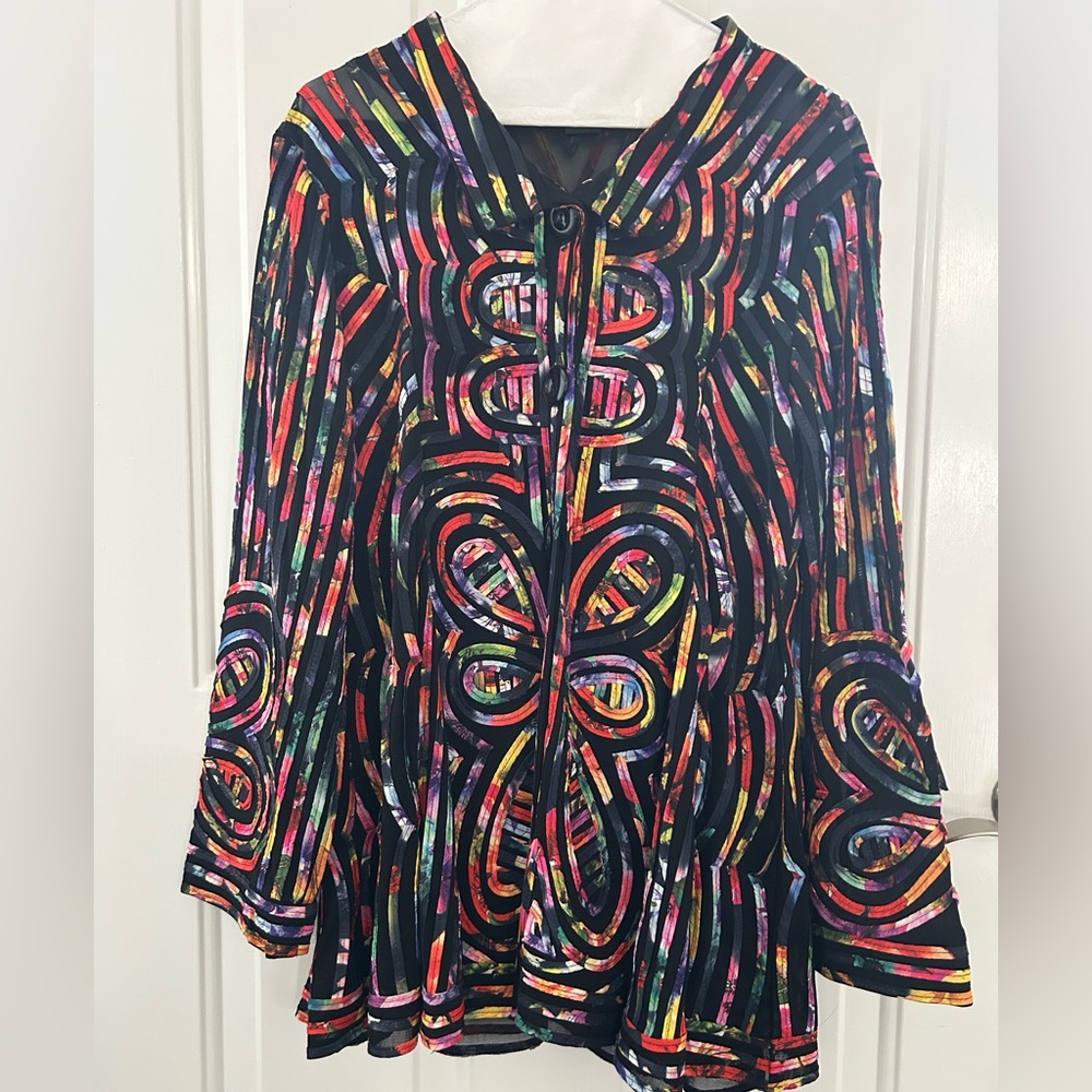 Weavz Multicolor Artistic Long Sleeve Button Down Sheer Top Size XL